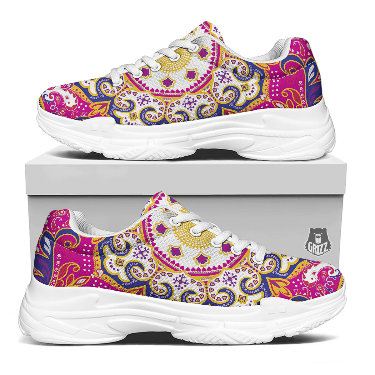 Pink Paisley And Mandala Print White Chunky Shoes-grizzshop