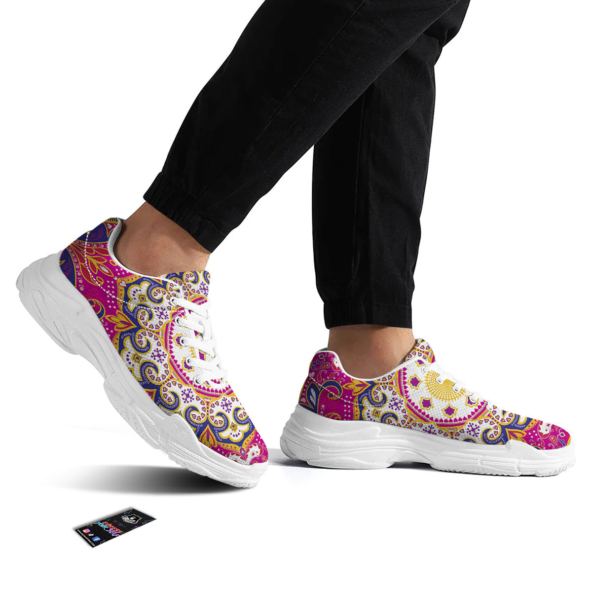 Pink Paisley And Mandala Print White Chunky Shoes-grizzshop