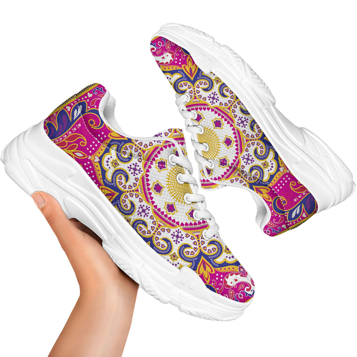 Pink Paisley And Mandala Print White Chunky Shoes-grizzshop