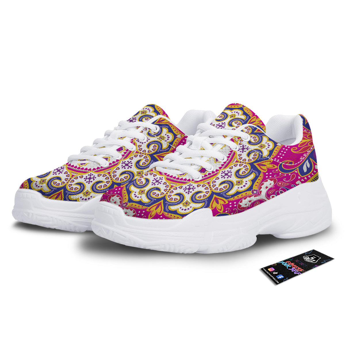 Pink Paisley And Mandala Print White Chunky Shoes-grizzshop