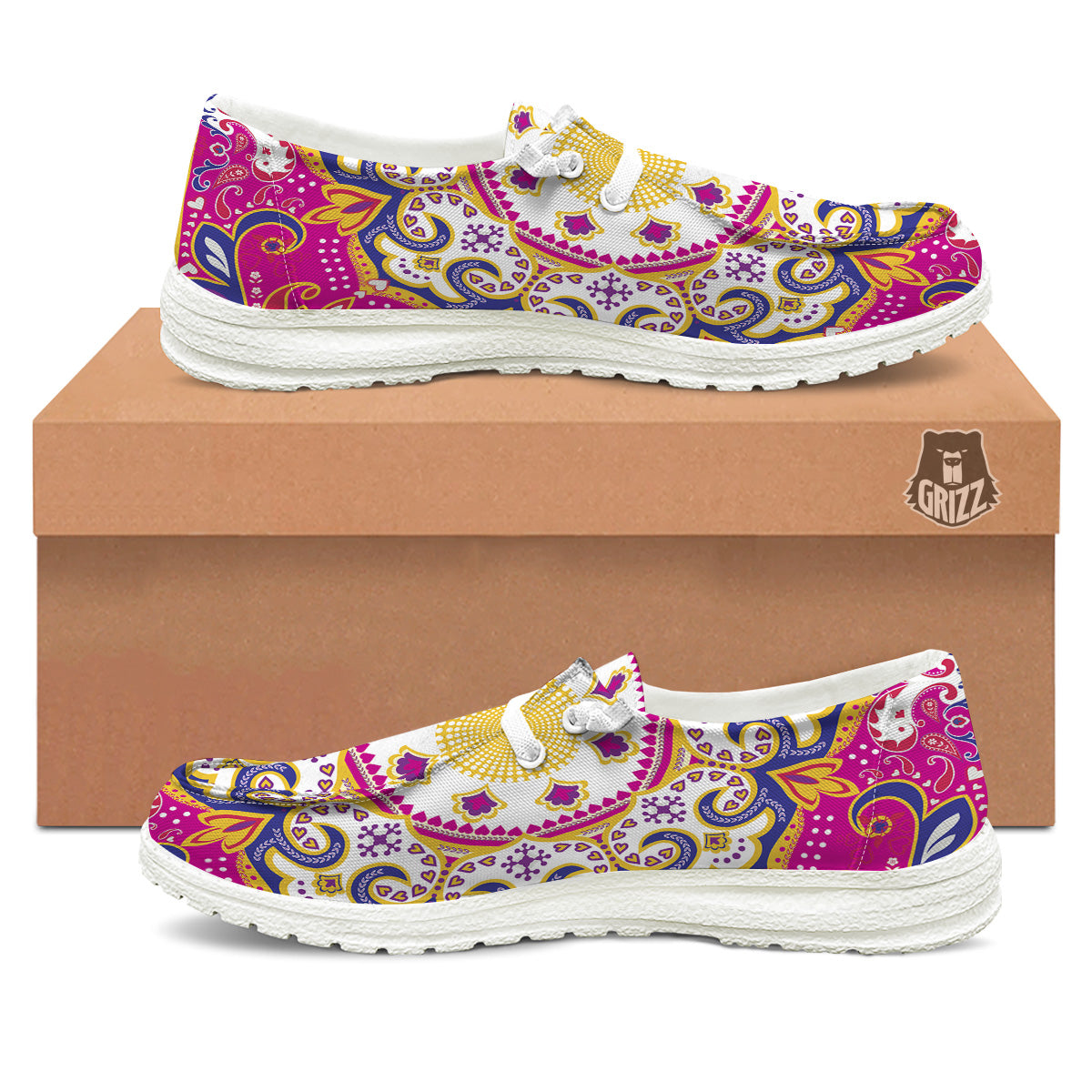 Pink Paisley And Mandala Print White Loafers-grizzshop