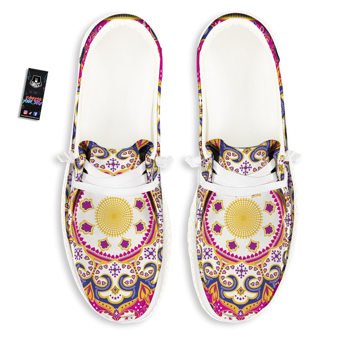 Pink Paisley And Mandala Print White Loafers-grizzshop