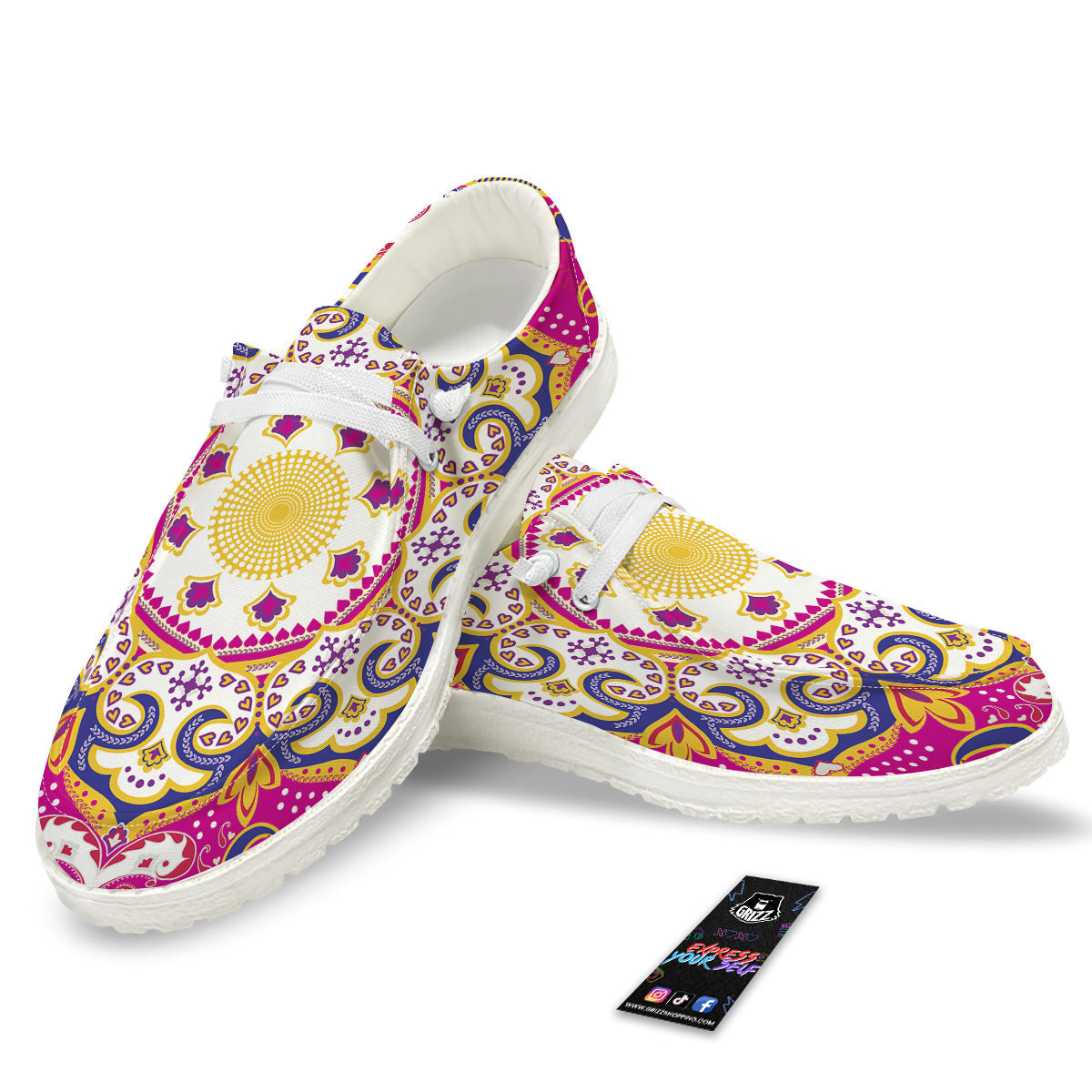 Pink Paisley And Mandala Print White Loafers-grizzshop