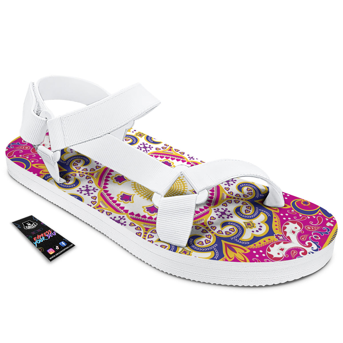 Pink Paisley And Mandala Print White Open Toe Sandals-grizzshop
