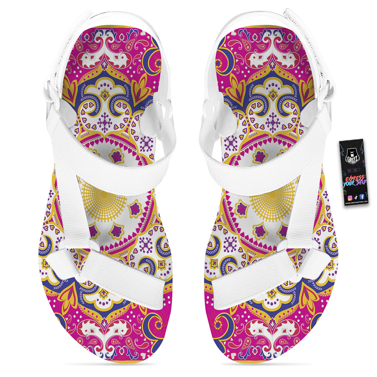 Pink Paisley And Mandala Print White Open Toe Sandals-grizzshop