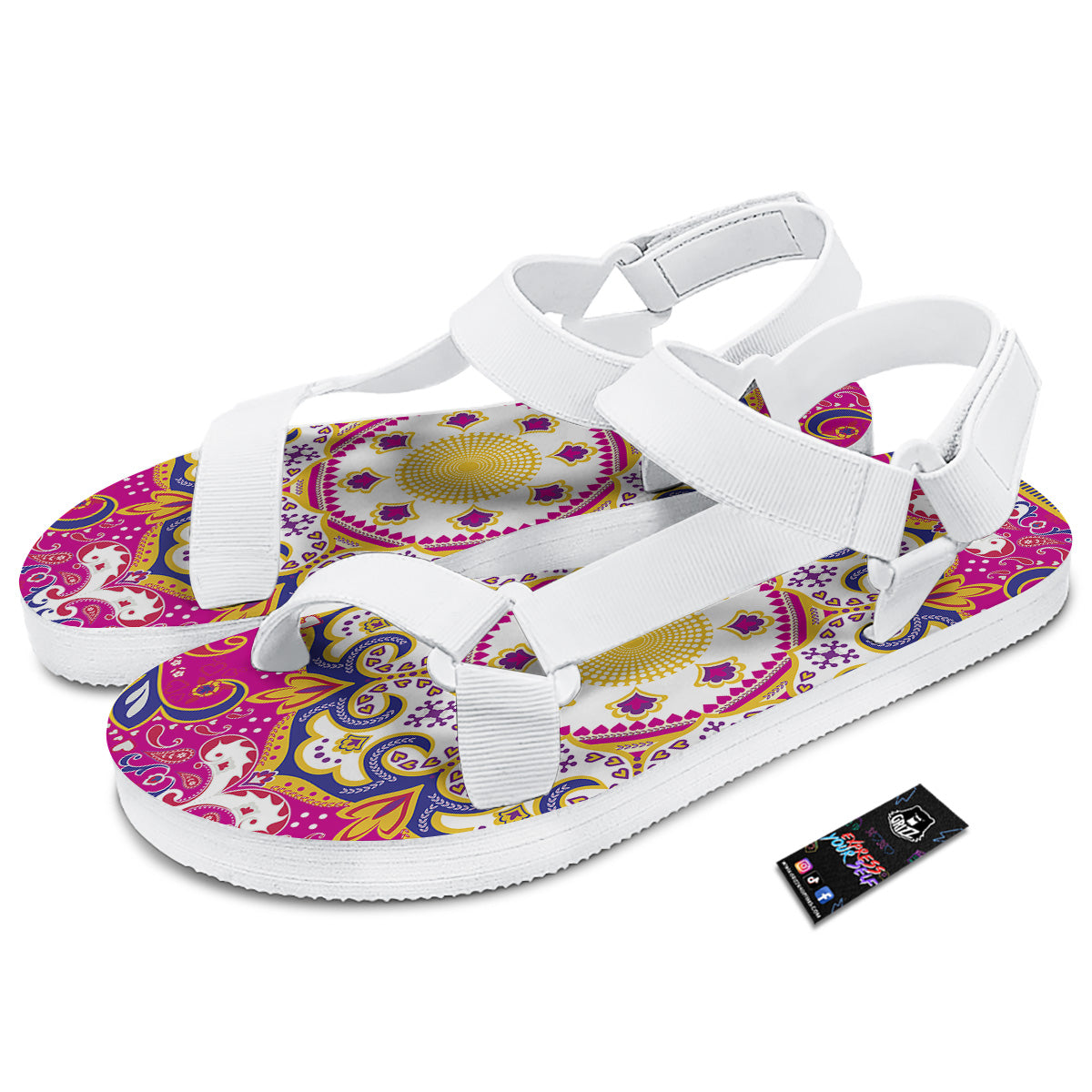 Pink Paisley And Mandala Print White Open Toe Sandals-grizzshop