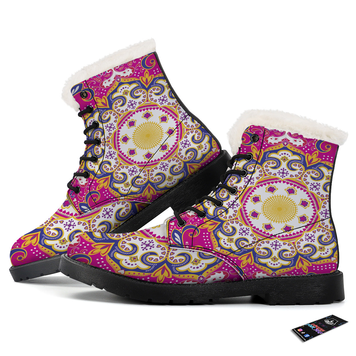 Pink Paisley And Mandala Print Winter Boots-grizzshop