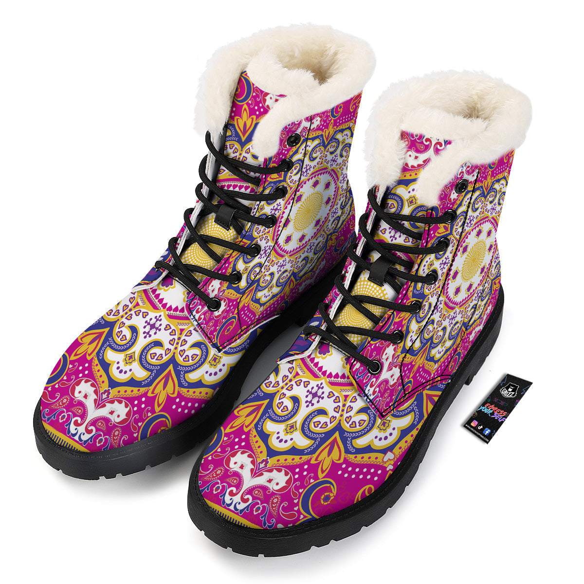 Pink Paisley And Mandala Print Winter Boots-grizzshop