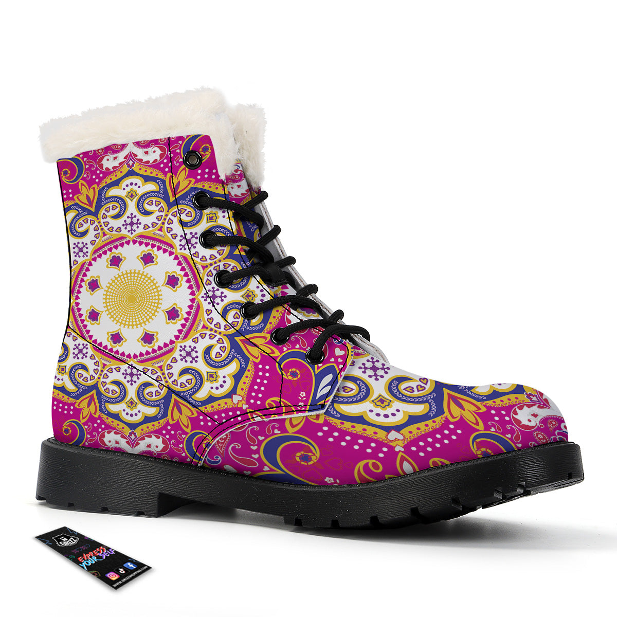 Pink Paisley And Mandala Print Winter Boots-grizzshop