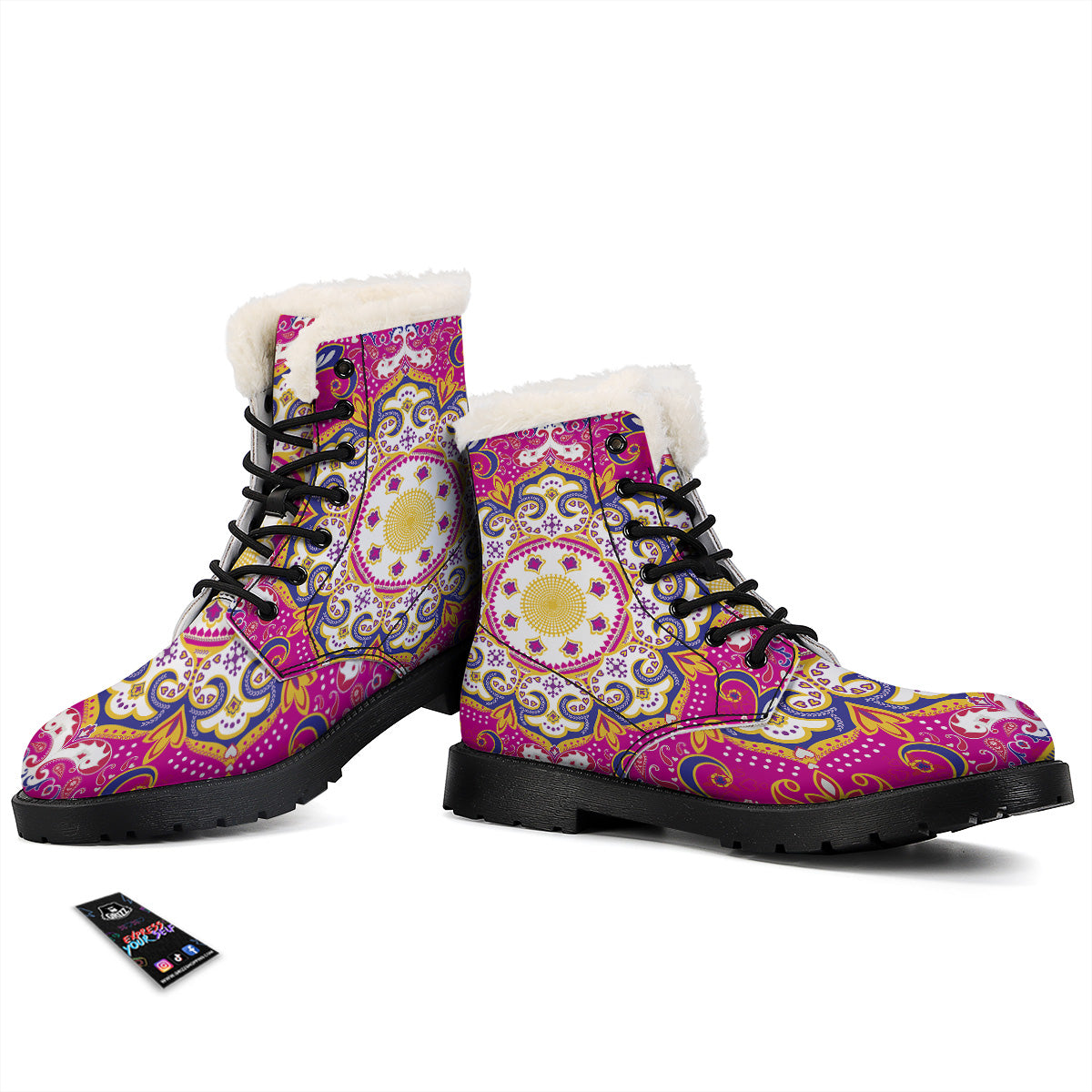 Pink Paisley And Mandala Print Winter Boots-grizzshop