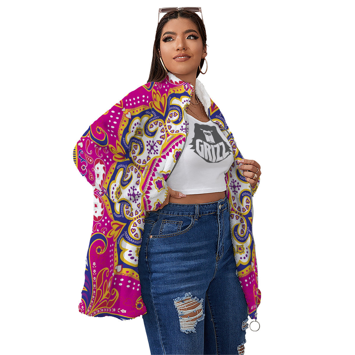 Pink Paisley And Mandala Print Women's Sherpa Jacket-grizzshop