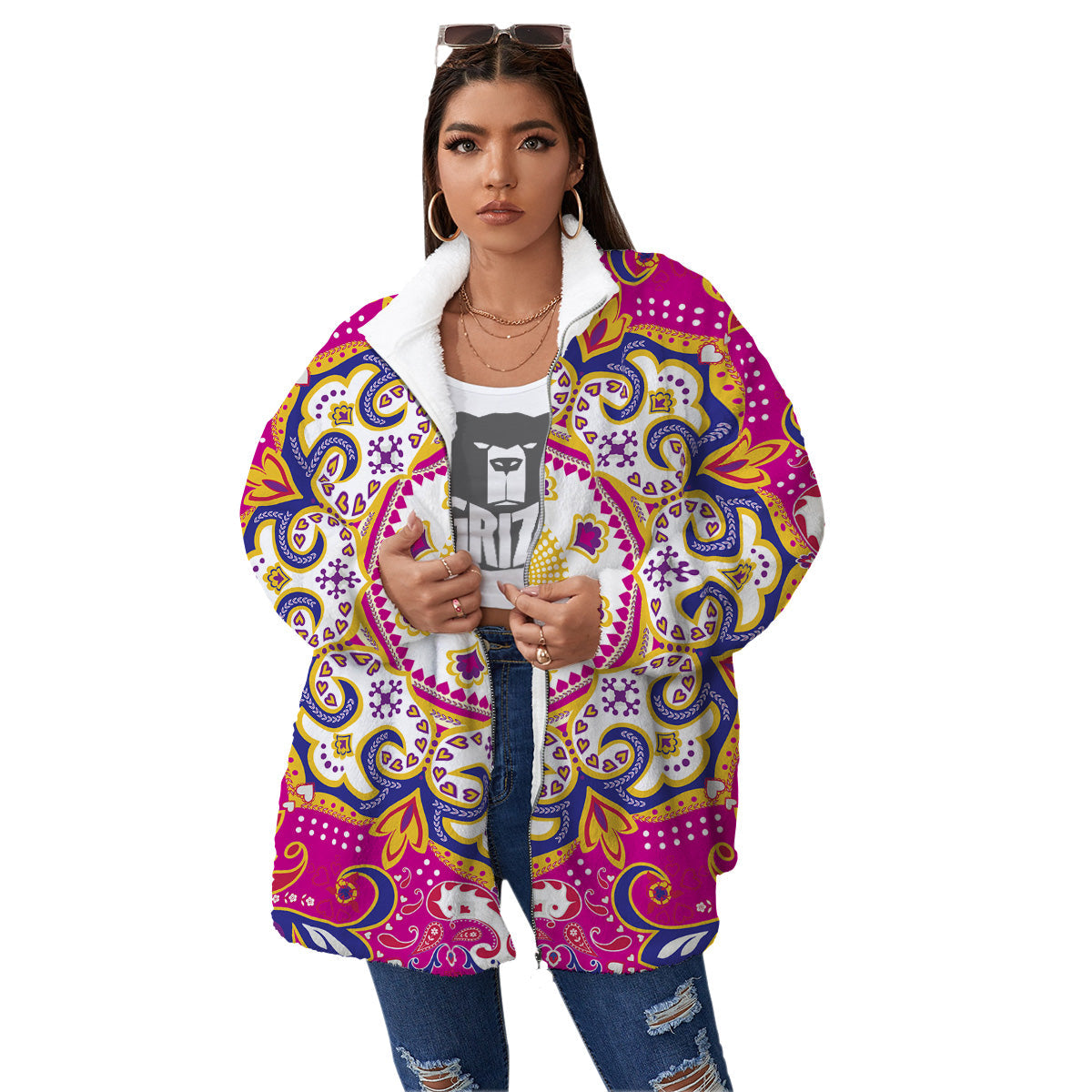 Pink Paisley And Mandala Print Women's Sherpa Jacket-grizzshop