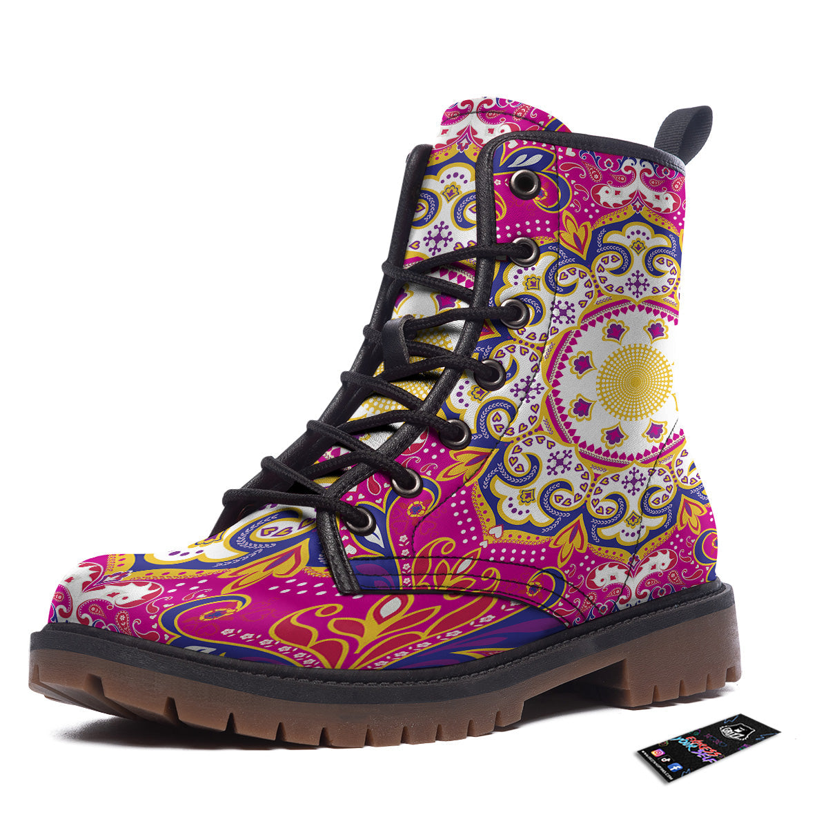 Pink Paisley And Mandala Print Work Boots-grizzshop