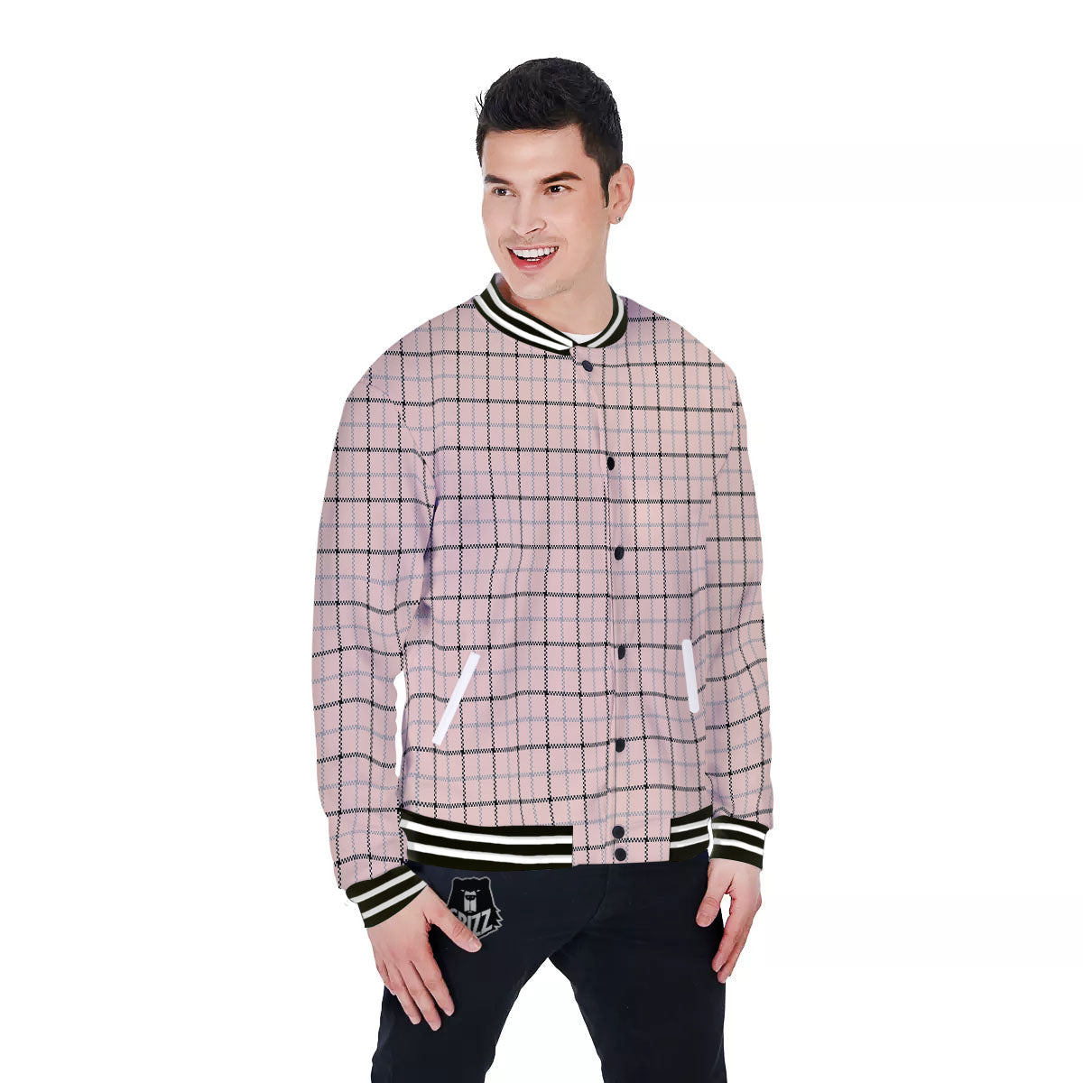 Pink Pastel And Black Tattersall Print Baseball Jacket-grizzshop
