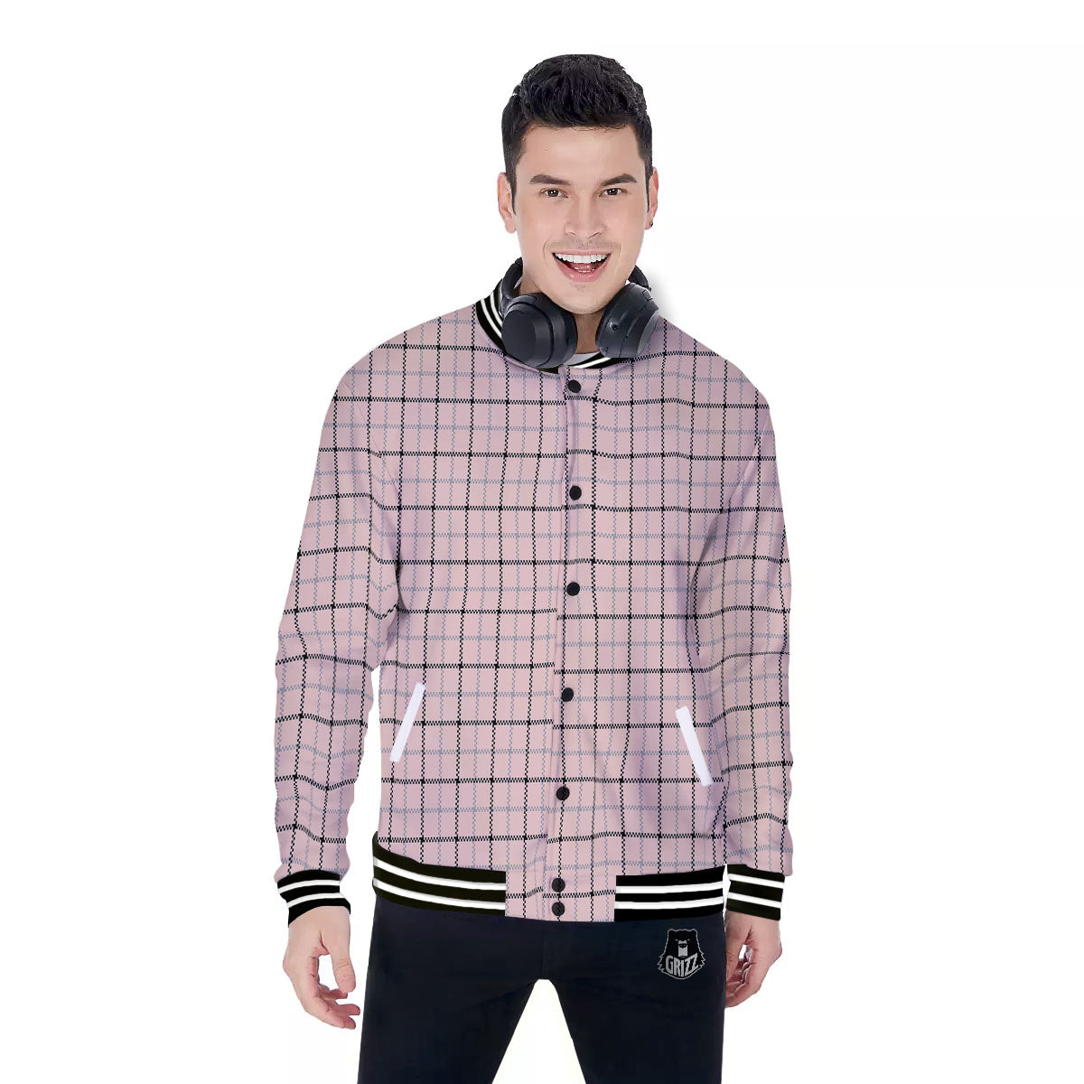 Pink Pastel And Black Tattersall Print Baseball Jacket-grizzshop