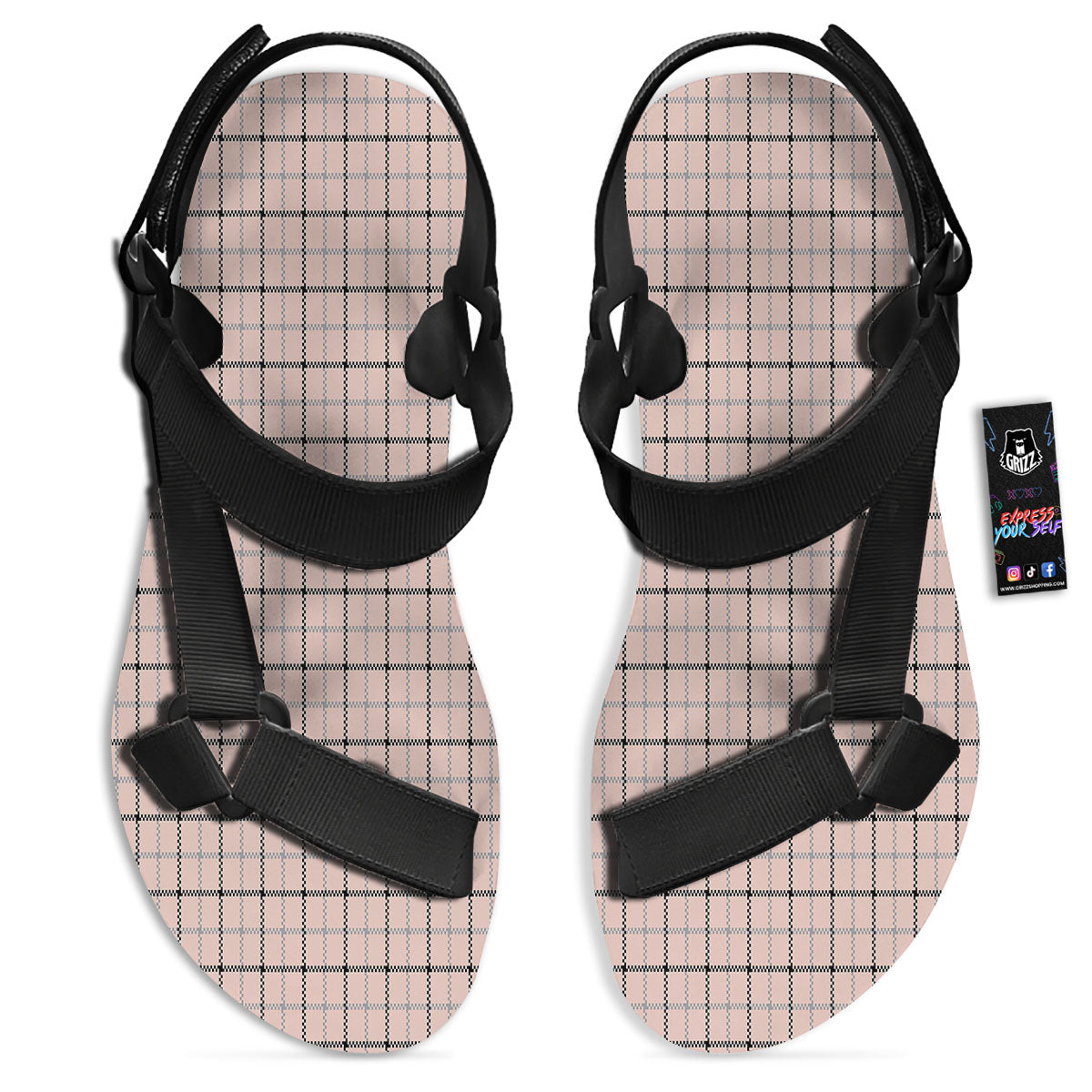 Pink Pastel And Black Tattersall Print Black Open Toe Sandals-grizzshop