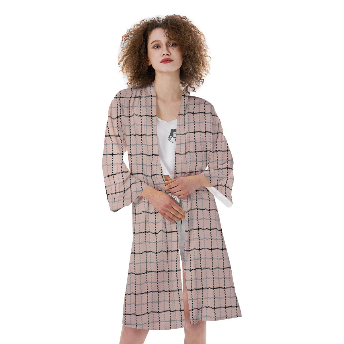 Pink Pastel And Black Tattersall Print Kimono-grizzshop