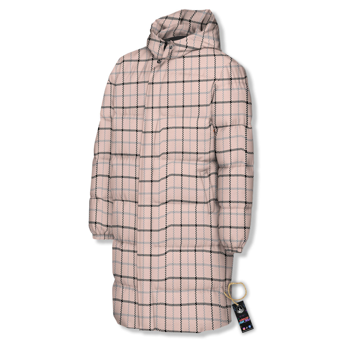 Pink Pastel And Black Tattersall Print Long Down Jacket-grizzshop