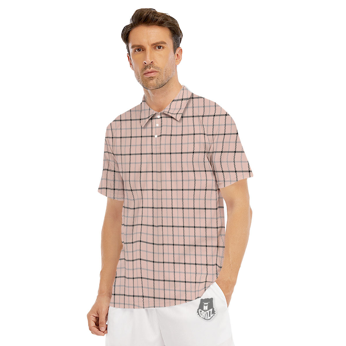 Pink Pastel And Black Tattersall Print Men's Golf Shirts-grizzshop