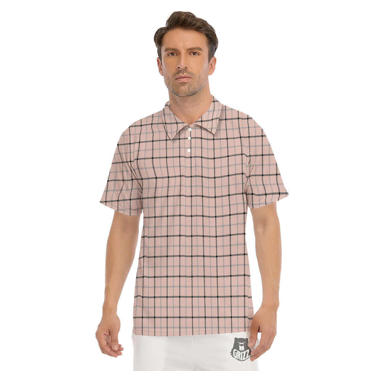 Pink Pastel And Black Tattersall Print Men's Golf Shirts-grizzshop