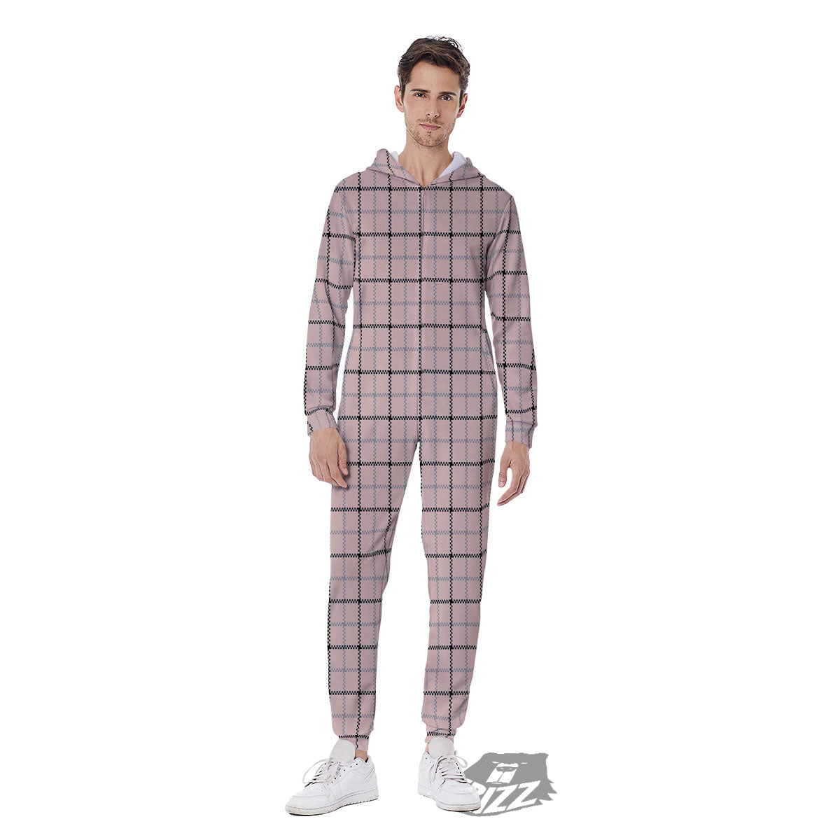 Pink Pastel And Black Tattersall Print Men's Jumpsuit-grizzshop