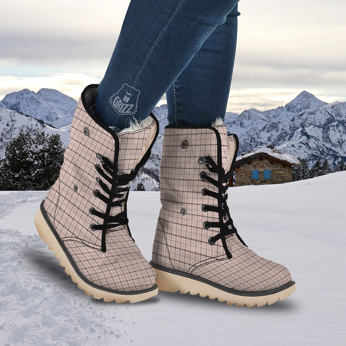 Pink Pastel And Black Tattersall Print Snow Boots-grizzshop