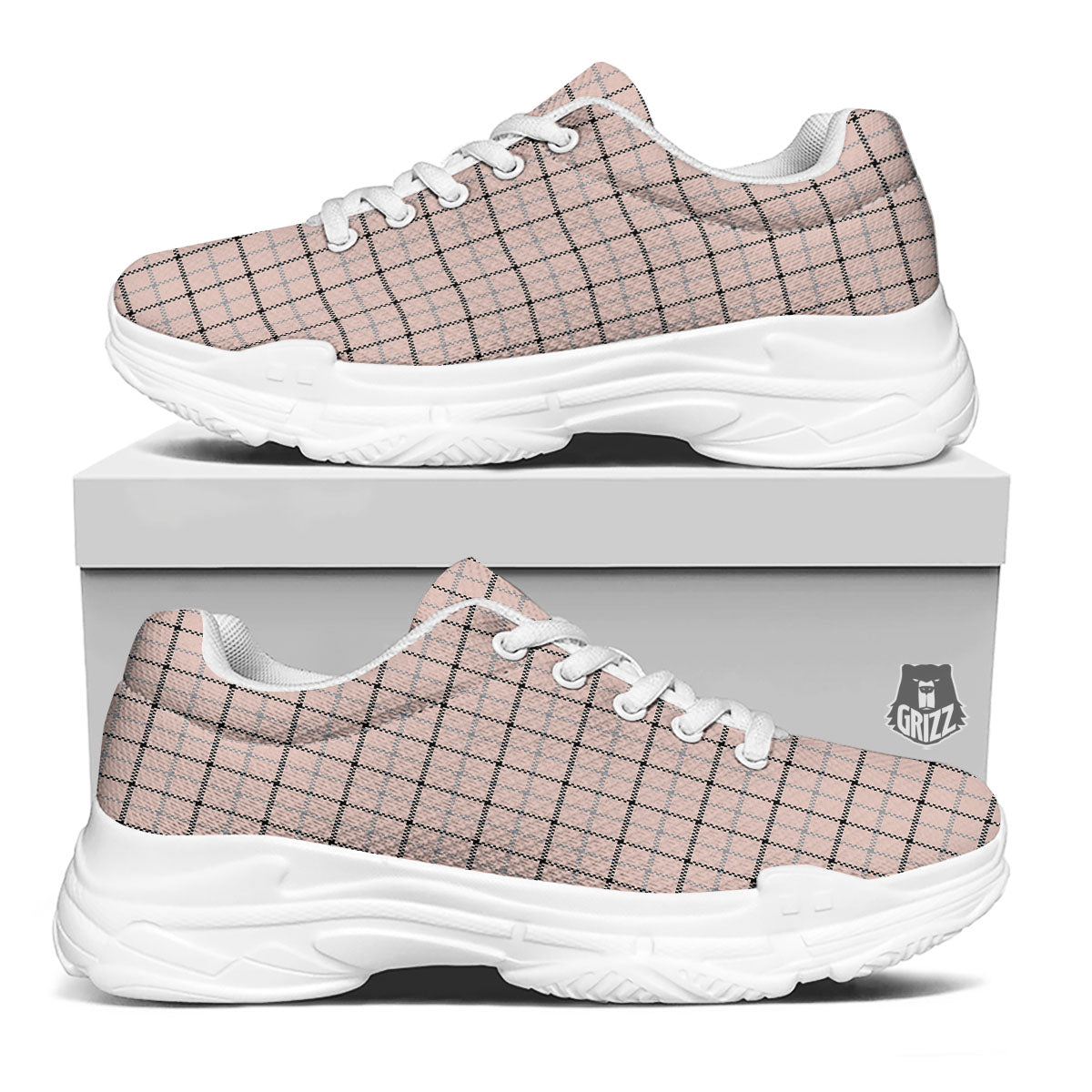 Pink Pastel And Black Tattersall Print White Chunky Shoes-grizzshop