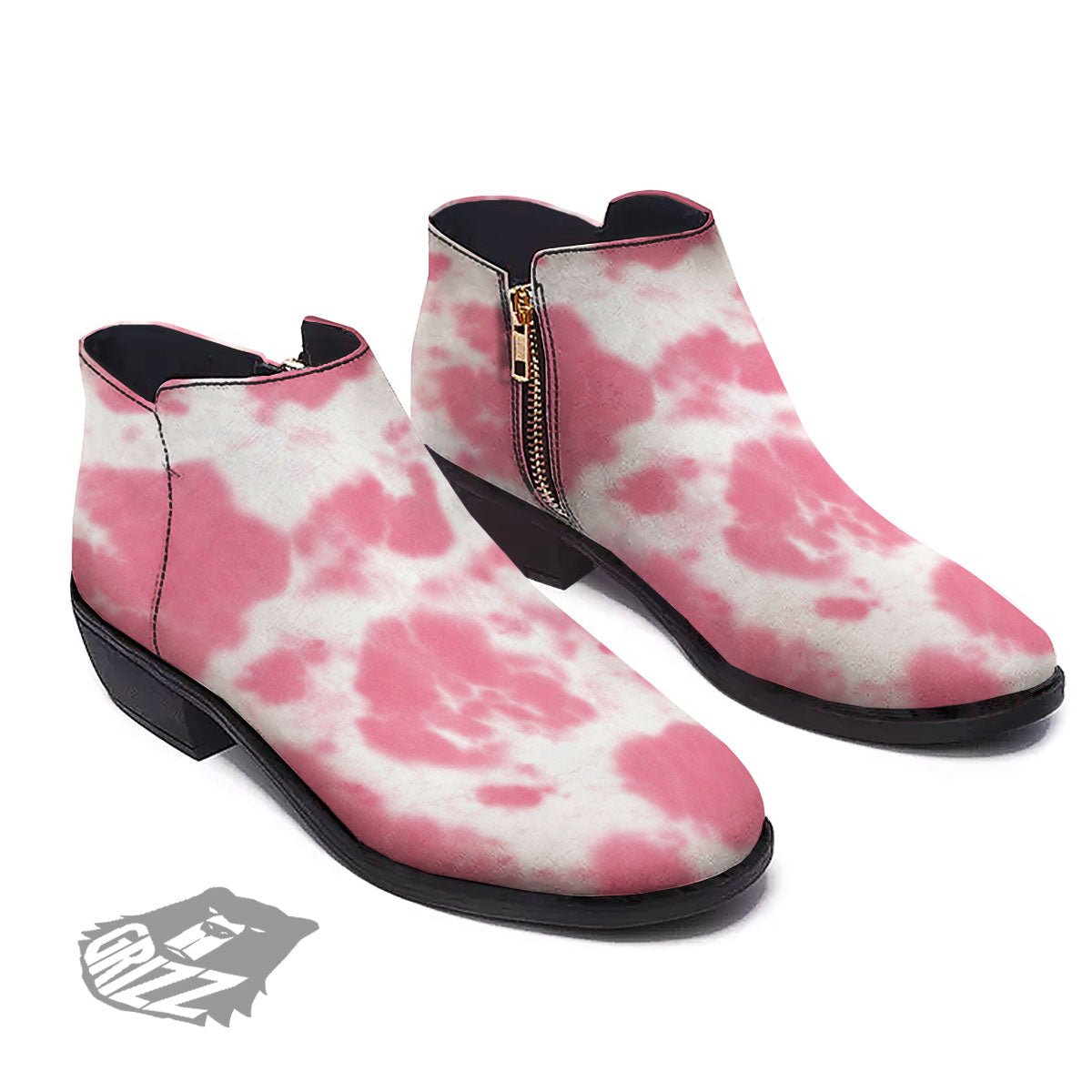 Pink Pastel And White Cow Print Ankle Boots-grizzshop