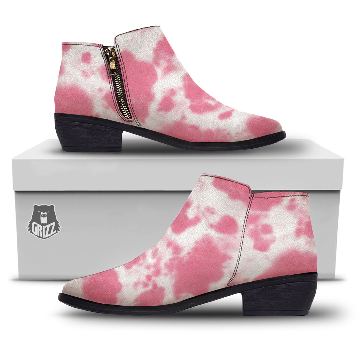 Pink Pastel And White Cow Print Ankle Boots-grizzshop