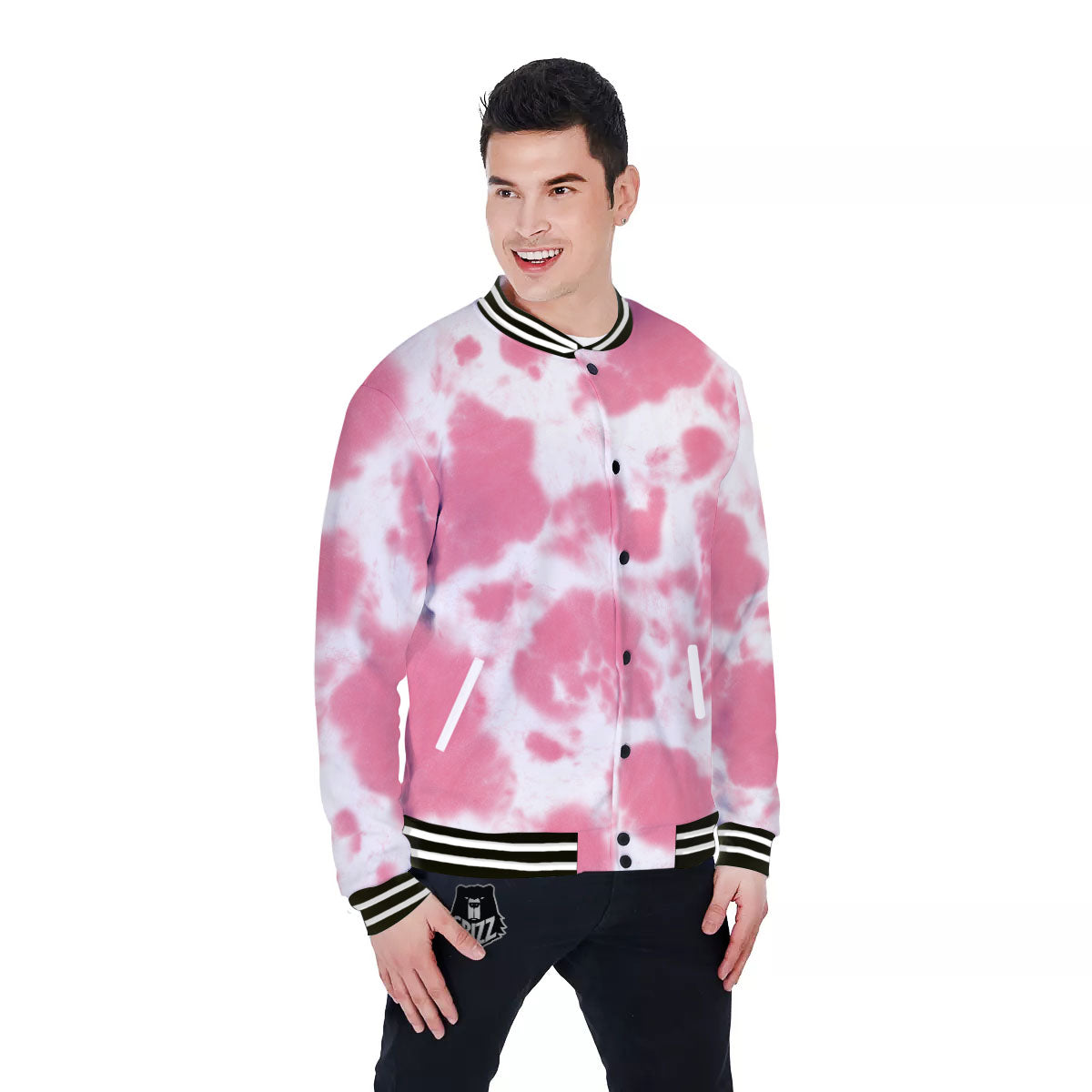 Pink Pastel And White Cow Print Baseball Jacket-grizzshop