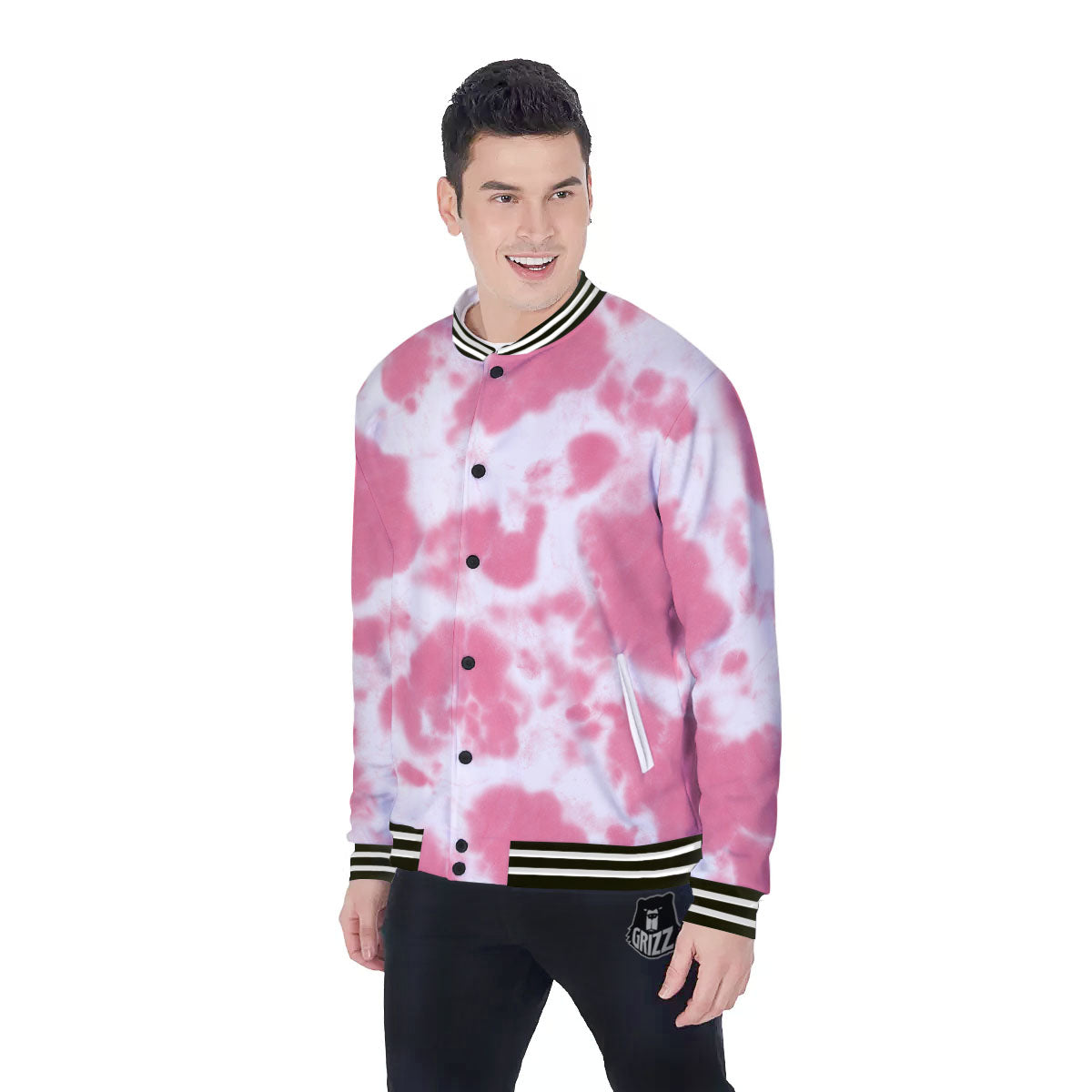 Pink Pastel And White Cow Print Baseball Jacket-grizzshop