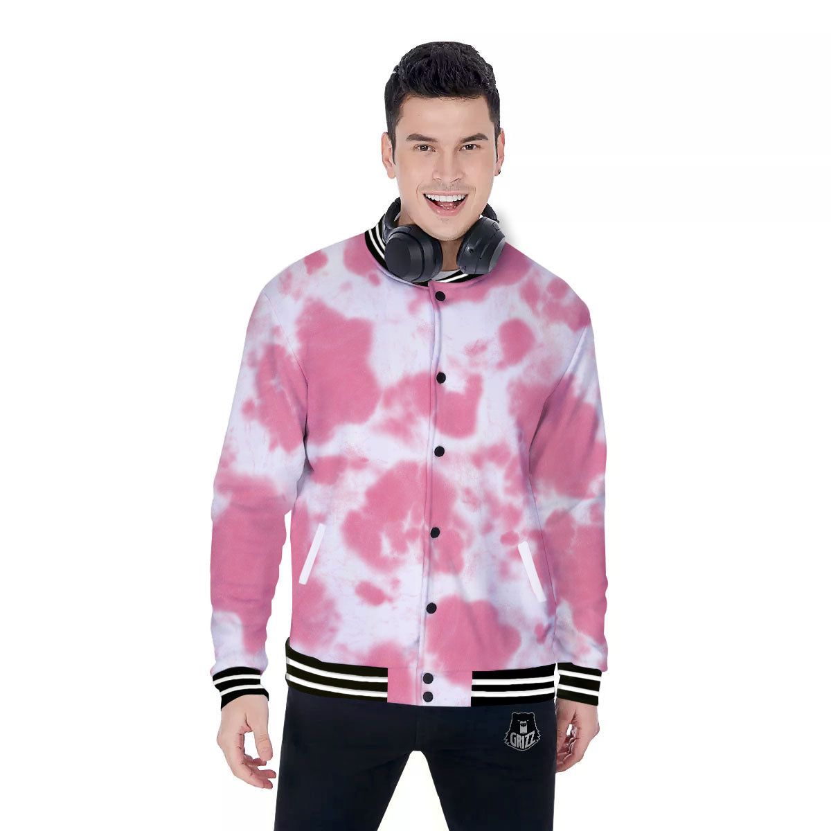 Pink Pastel And White Cow Print Baseball Jacket-grizzshop