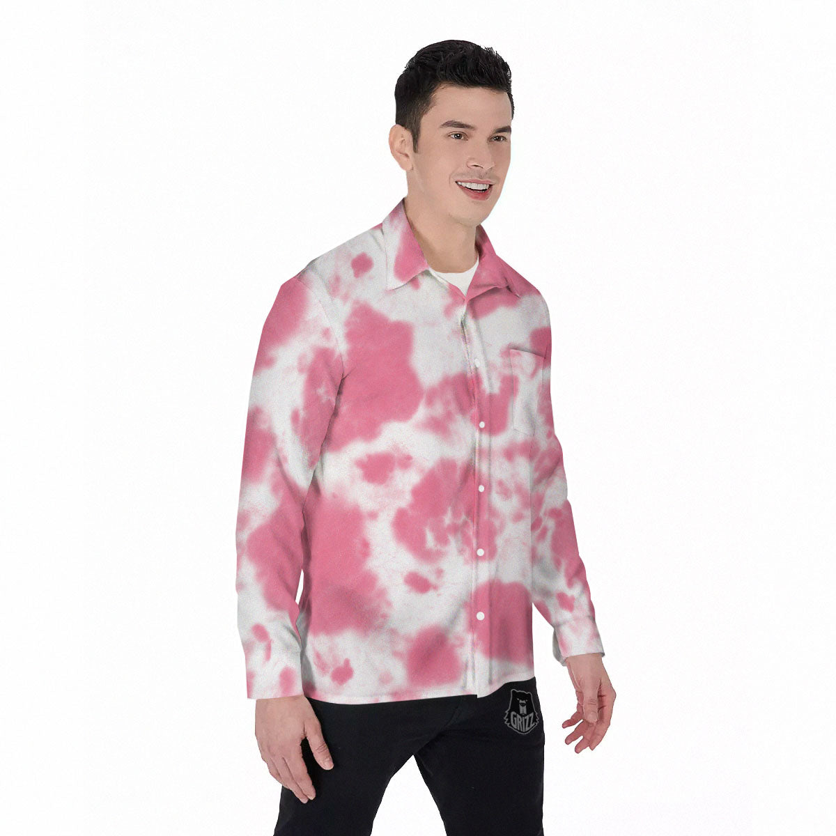 Pink Pastel And White Cow Print Men's Long Sleeve Shirts-grizzshop