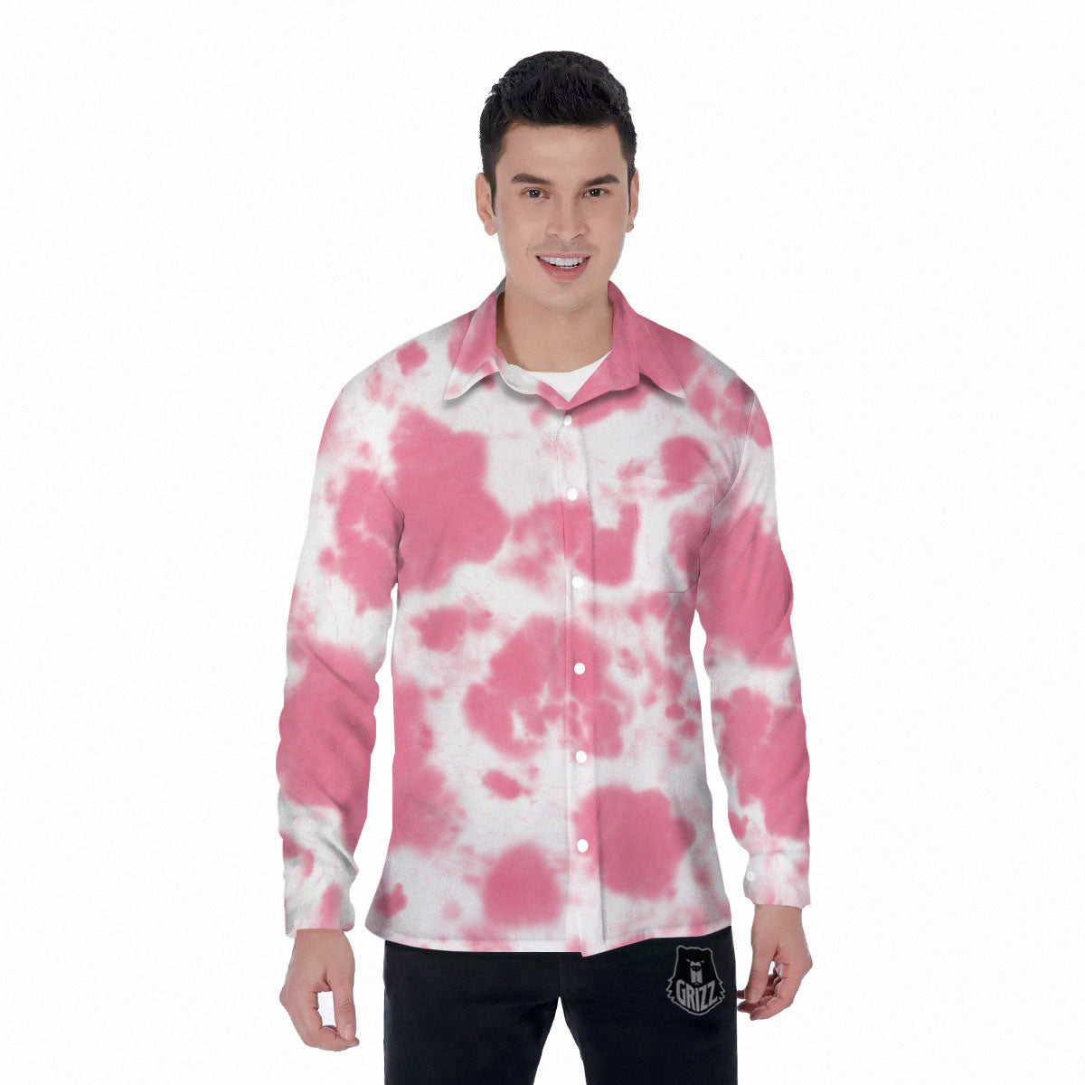 Pink Pastel And White Cow Print Men's Long Sleeve Shirts-grizzshop