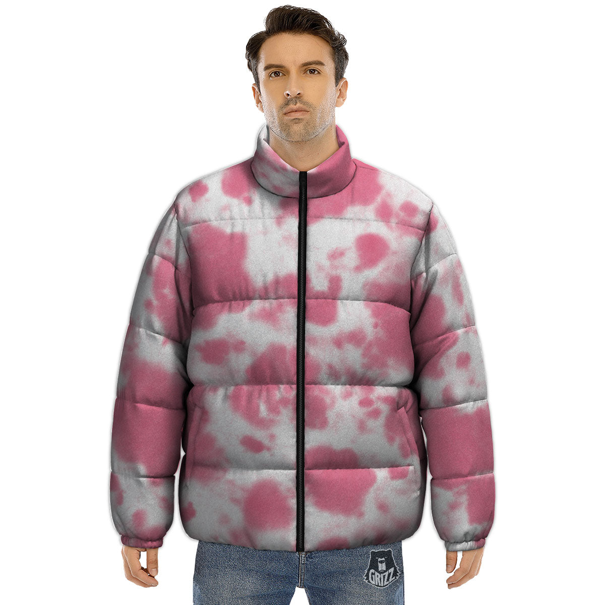 Pink Pastel And White Cow Print Puffer Jacket-grizzshop