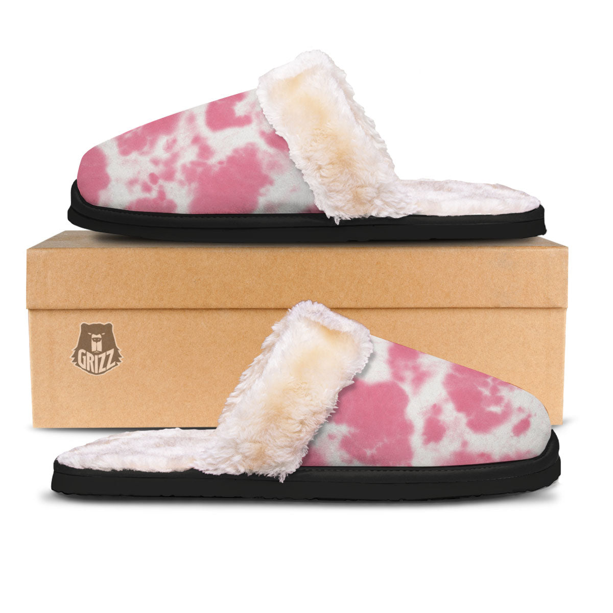 Pink Pastel And White Cow Print Slippers-grizzshop
