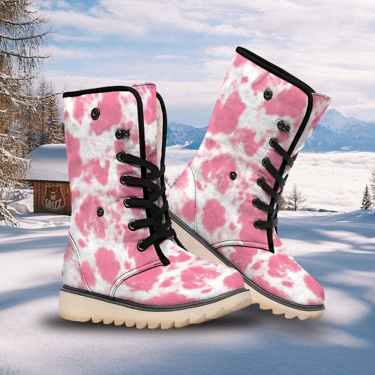 Pink Pastel And White Cow Print Snow Boots-grizzshop