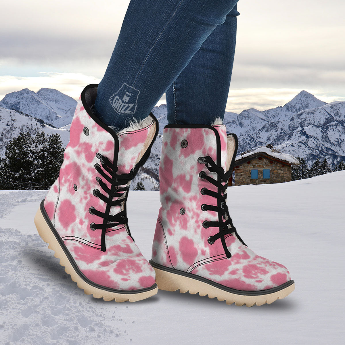 Pink Pastel And White Cow Print Snow Boots-grizzshop