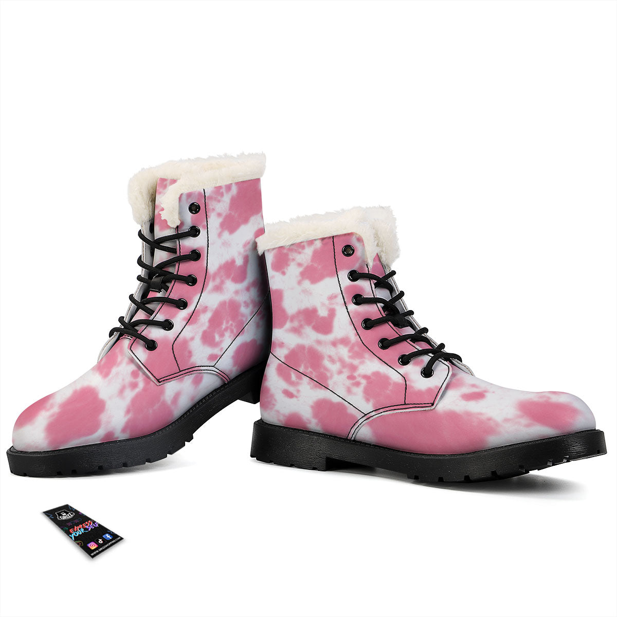Pink Pastel And White Cow Print Winter Boots-grizzshop