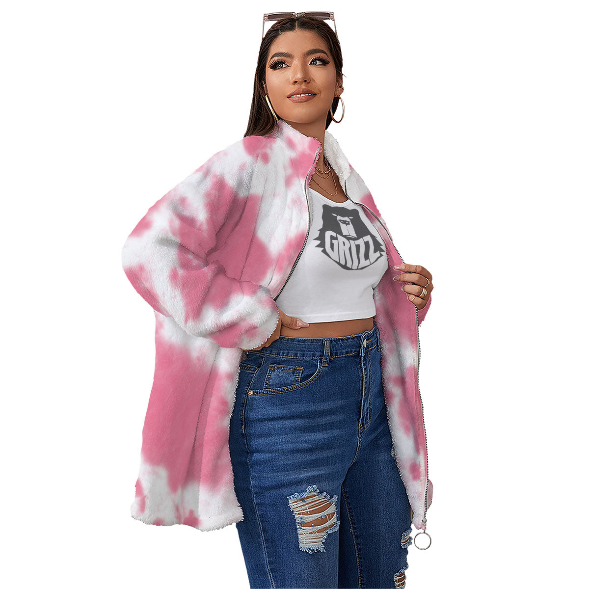 Pink Pastel And White Cow Print Women's Sherpa Jacket-grizzshop