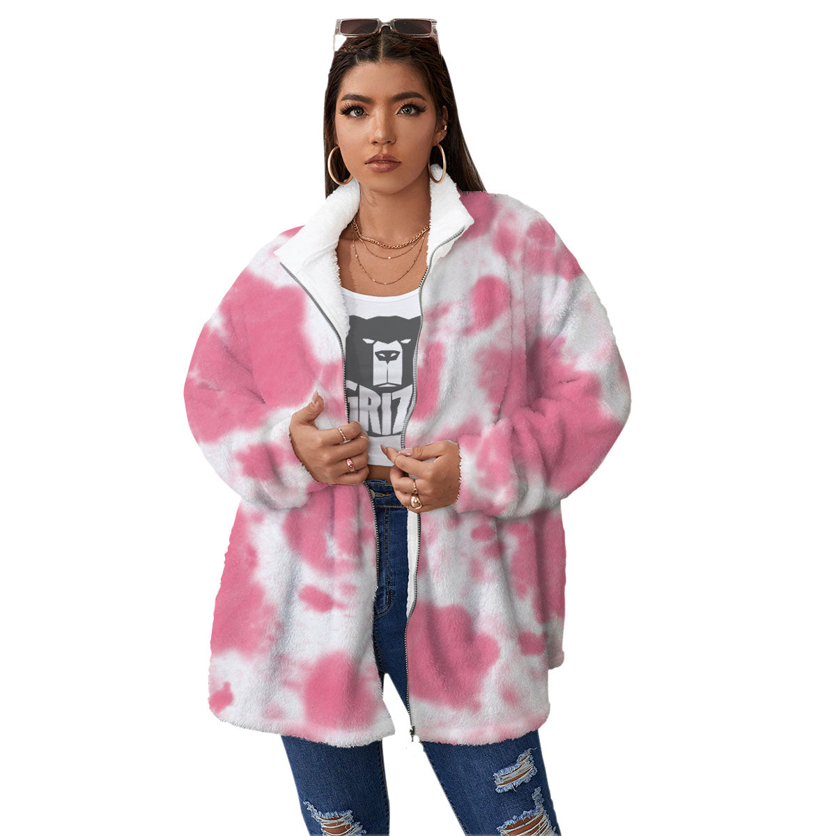 Pink Pastel And White Cow Print Women's Sherpa Jacket-grizzshop