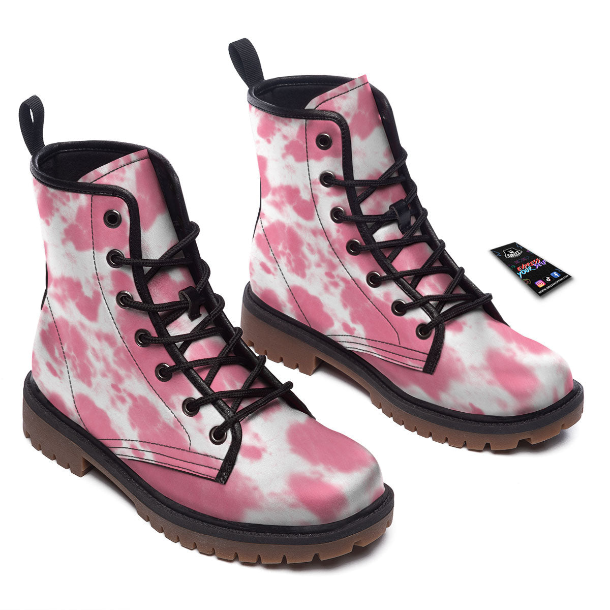 Pink Pastel And White Cow Print Work Boots-grizzshop
