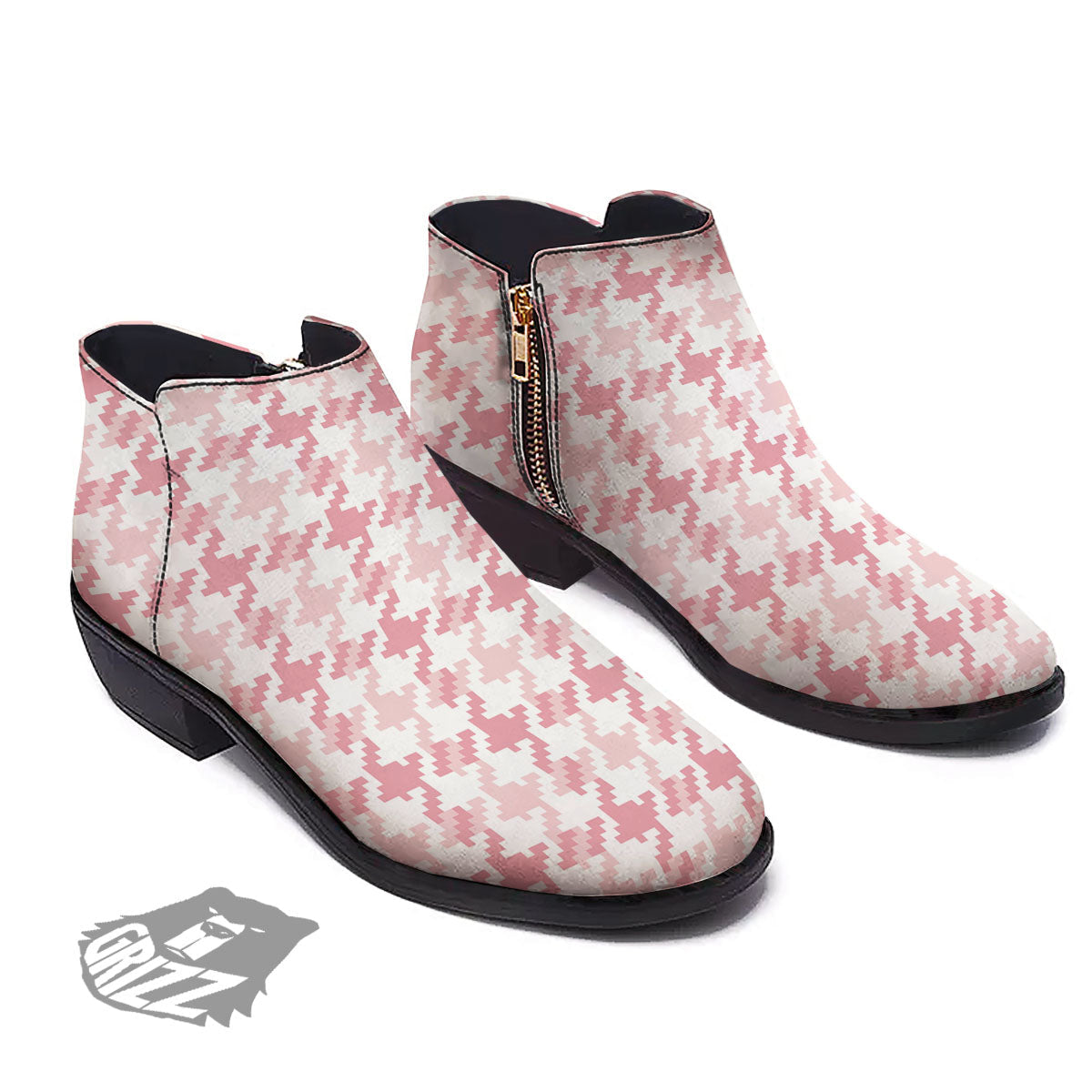 Pink Pastel And White Houndstooth Print Ankle Boots-grizzshop