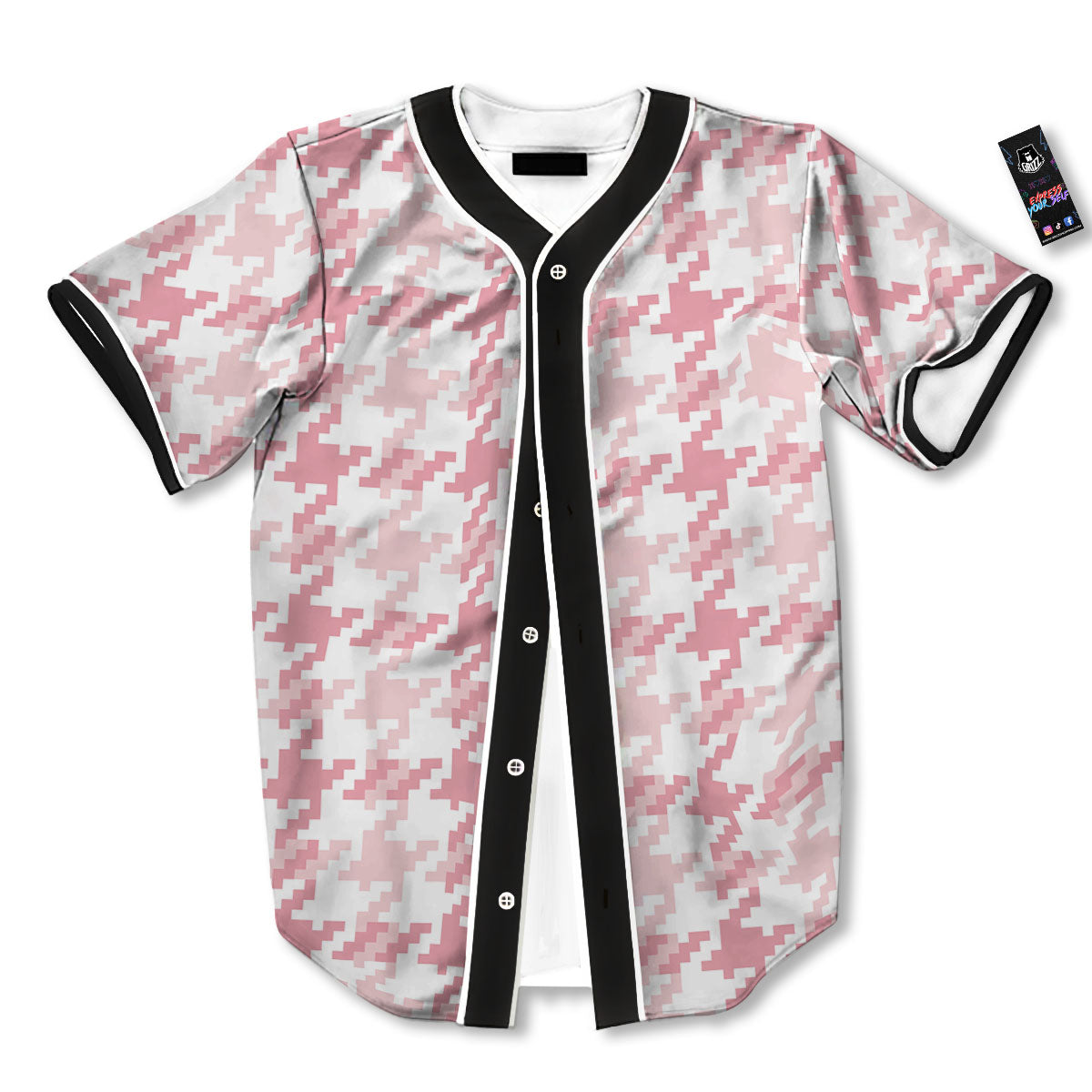Pink Pastel And White Houndstooth Print Baseball Jersey-grizzshop