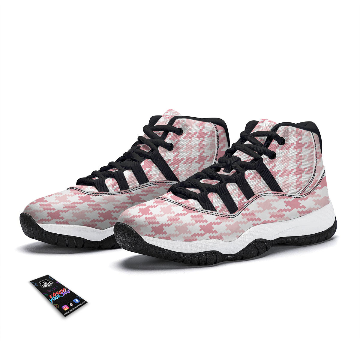 Pink Pastel And White Houndstooth Print Black Bball Shoes-grizzshop