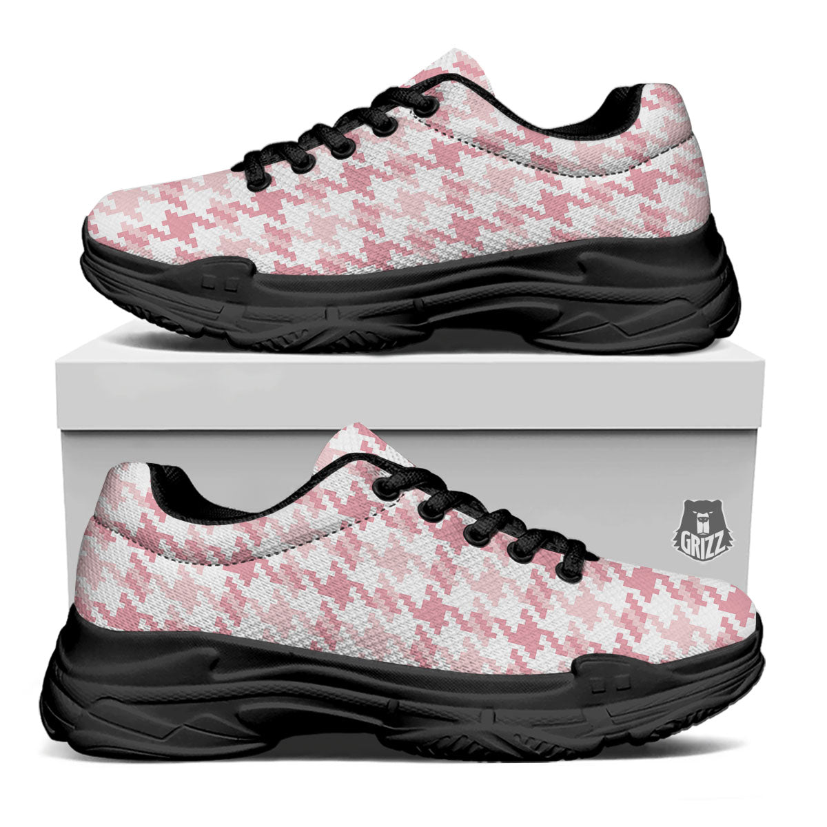 Pink Pastel And White Houndstooth Print Black Chunky Shoes-grizzshop