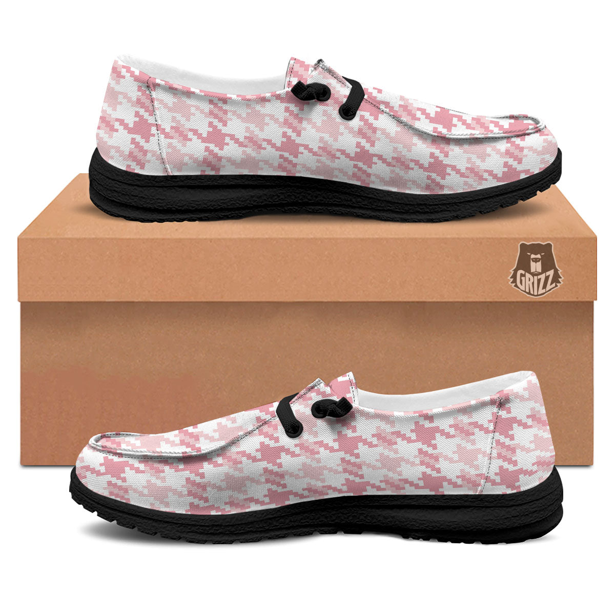 Pink Pastel And White Houndstooth Print Black Loafers-grizzshop