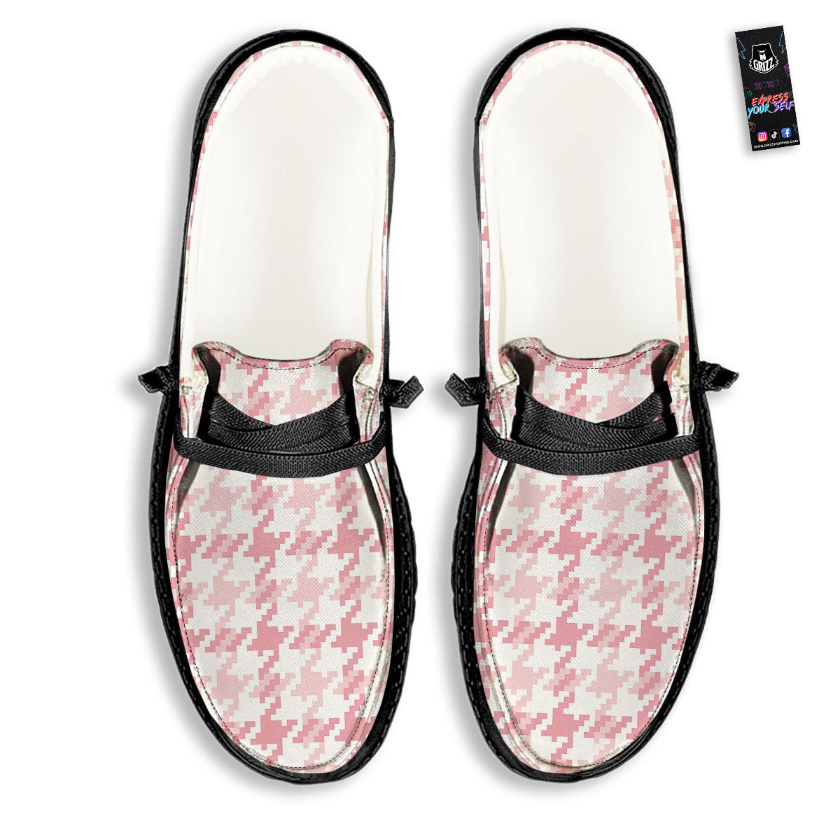 Pink Pastel And White Houndstooth Print Black Loafers-grizzshop