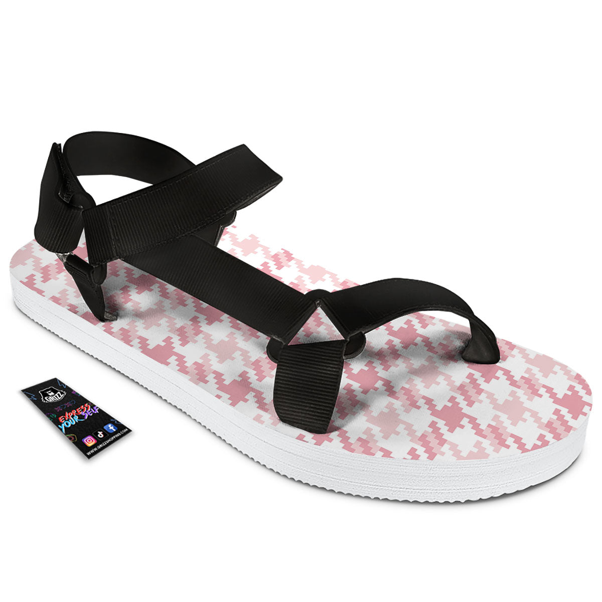 Pink Pastel And White Houndstooth Print Black Open Toe Sandals-grizzshop