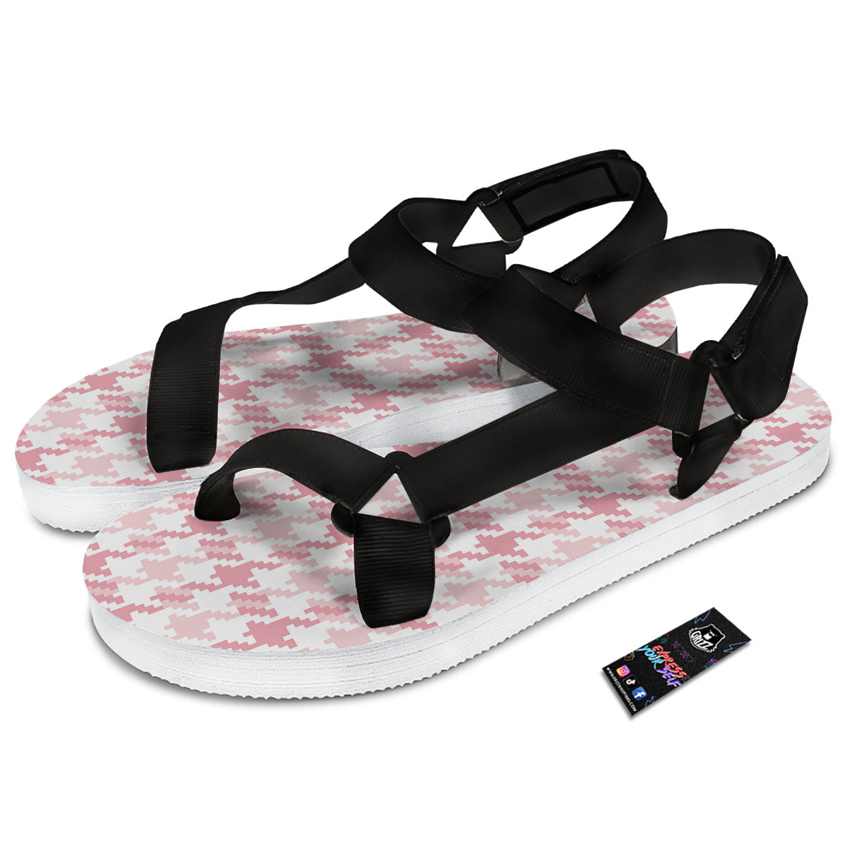 Pink Pastel And White Houndstooth Print Black Open Toe Sandals-grizzshop